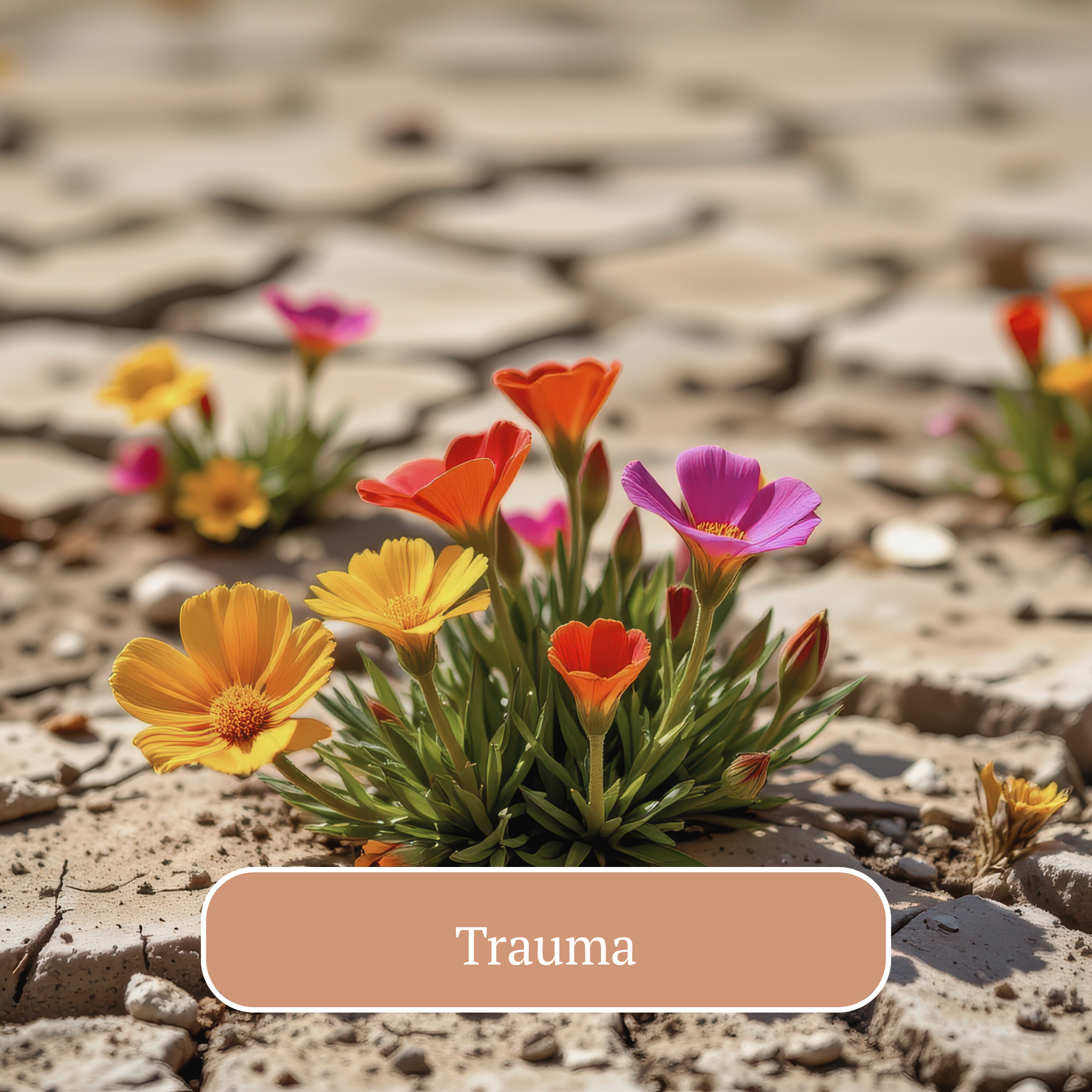 Colorful flowers growing in cracked dry soil labeled 'Trauma'.