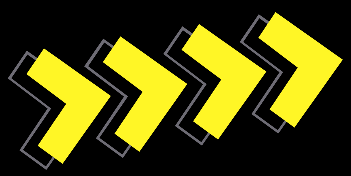 Five yellow zigzag shapes with gray outlines repeated diagonally on a black background.