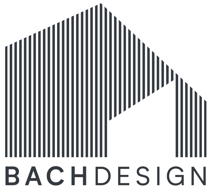 Logo with a stylized house made of black and gray diagonal stripes above the text 'BACH DESIGN' in capital letters.