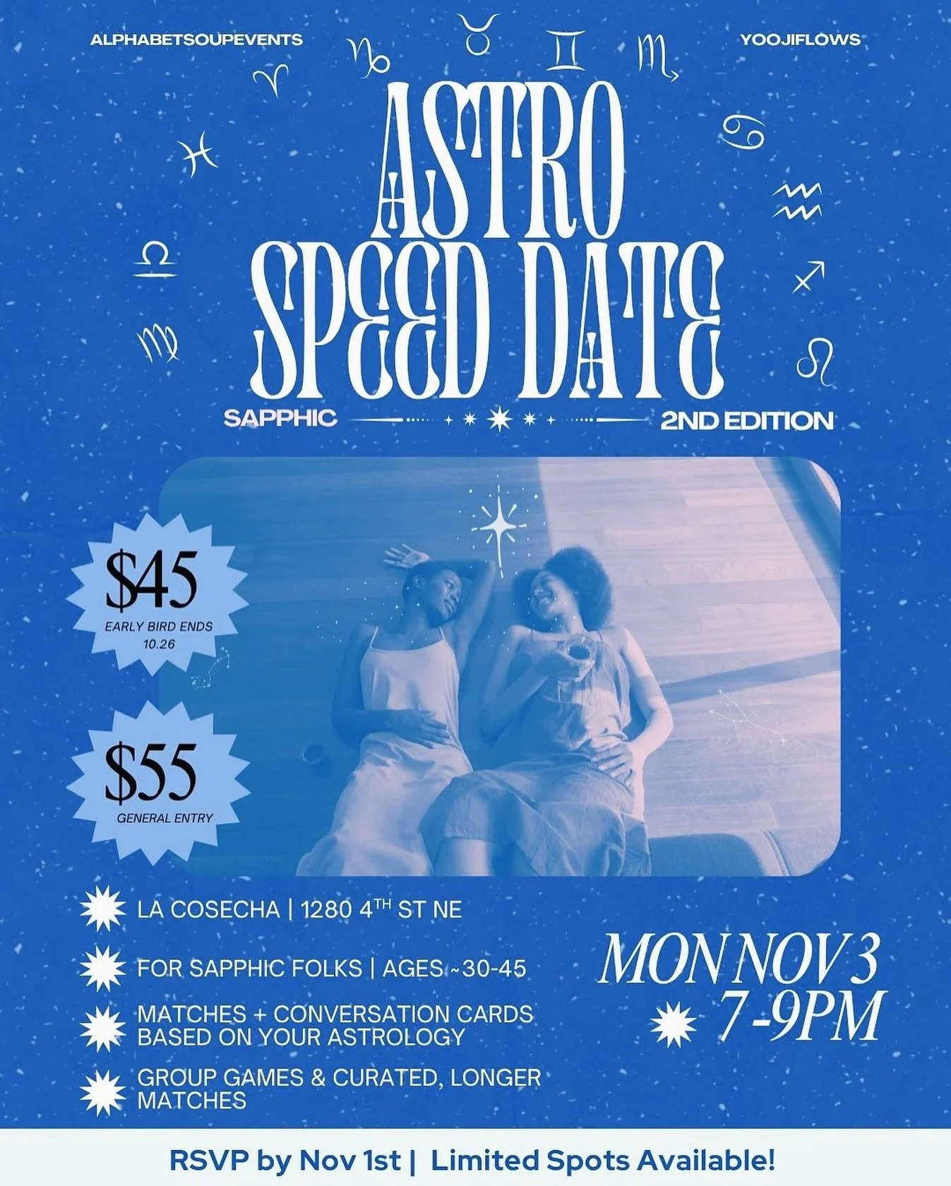 ✨ We&rsquo;re back for Round Two! ✨ updated date!!! 
Our first Astro Speed Date even in Spring 2025 sold out and was a wild success 🌟 and now we&rsquo;re bringing the magic back this fall! 🧡🖤

@yoojiflows &amp; @alphabetsoupevents are teaming up a