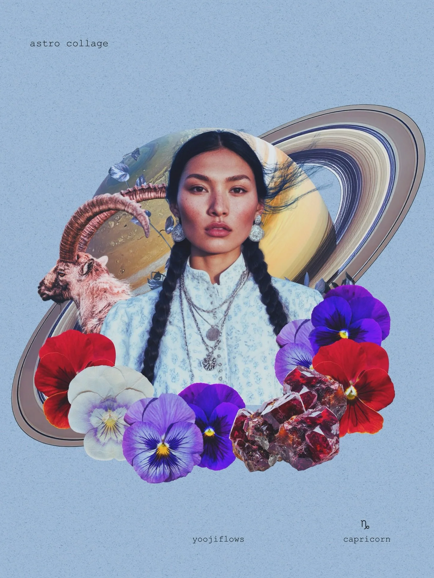 cap szn collage. 🪐

For the past few years, I&rsquo;ve been creating Astro-collages inspired by the themes, colors, gems, plant allies, and planets associated with each sign. Capricorn aura elements include garnet, pansies, ivy, Saturn, earth, dusty