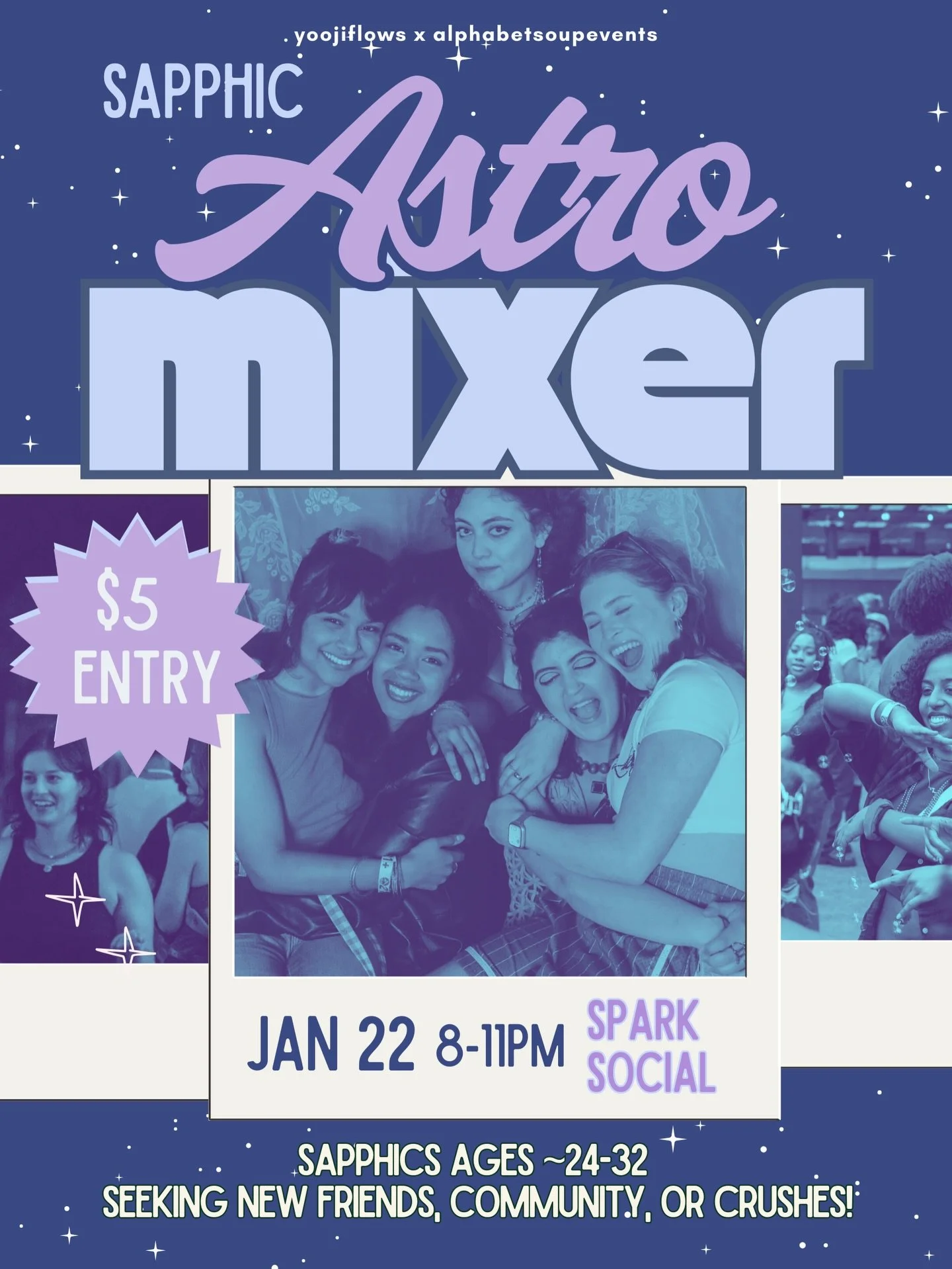 📆corrected date!! 

🌙✨ Sapphic Astro Mixer at Spark Social ✨🌙
Calling all sapphics (24&ndash;32ish) looking for new friends, chosen fam, and maybe a lil crush 👀💫 Join us for a cute + playful night of connection, music, and astro-magic! 
📍 Spark