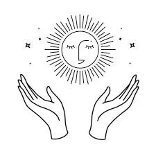 Illustration of a smiling crescent moon with closed eyes, surrounded by lines resembling sun rays, held by two open hands.