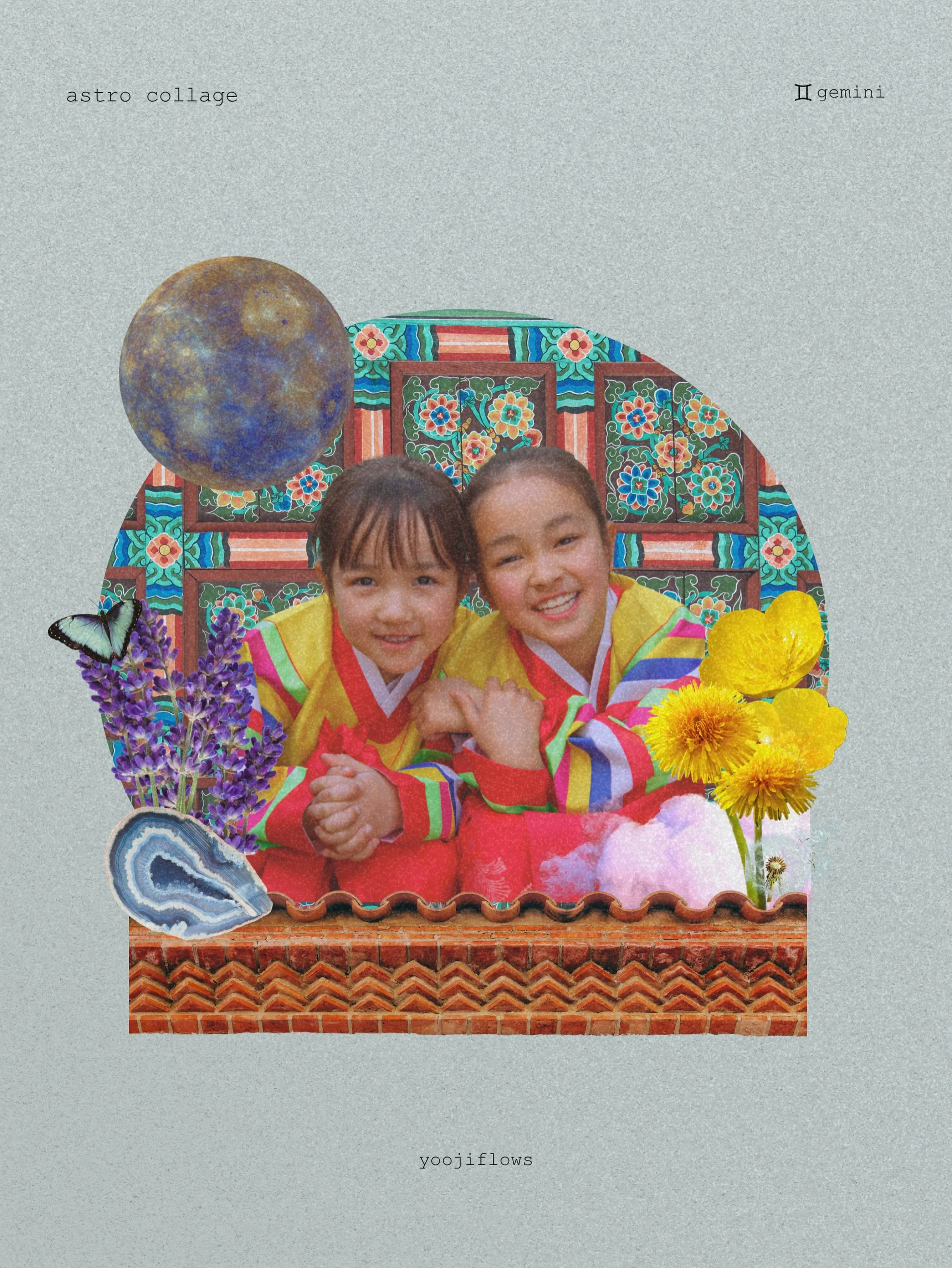 happy Gemini szn &amp; #AAPINH heritage month 👯&zwj;♀️💞✨

I didn&rsquo;t intend to, but it looks like I intuitively blended both themes into Gemini&rsquo;s Astro Collage this month 🦋🌼✨ 

As a Korean American artist + astrologer, it feels really s