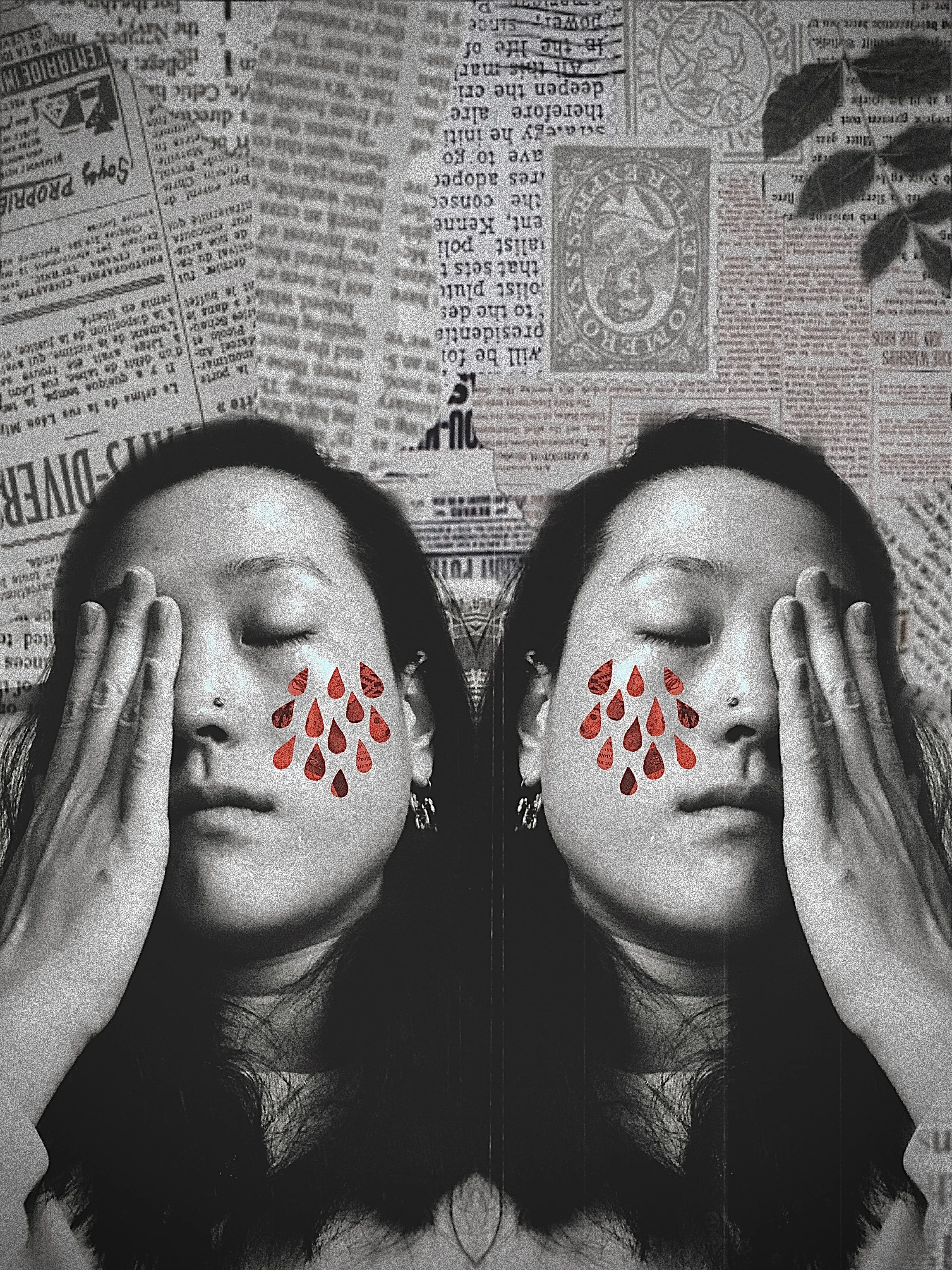 Symmetrical black-and-white photograph of a woman with eyes closed, touching her face with one hand, graphic red teardrop shapes under her eyes, a newspaper background, and decorative elements in the top right corner.