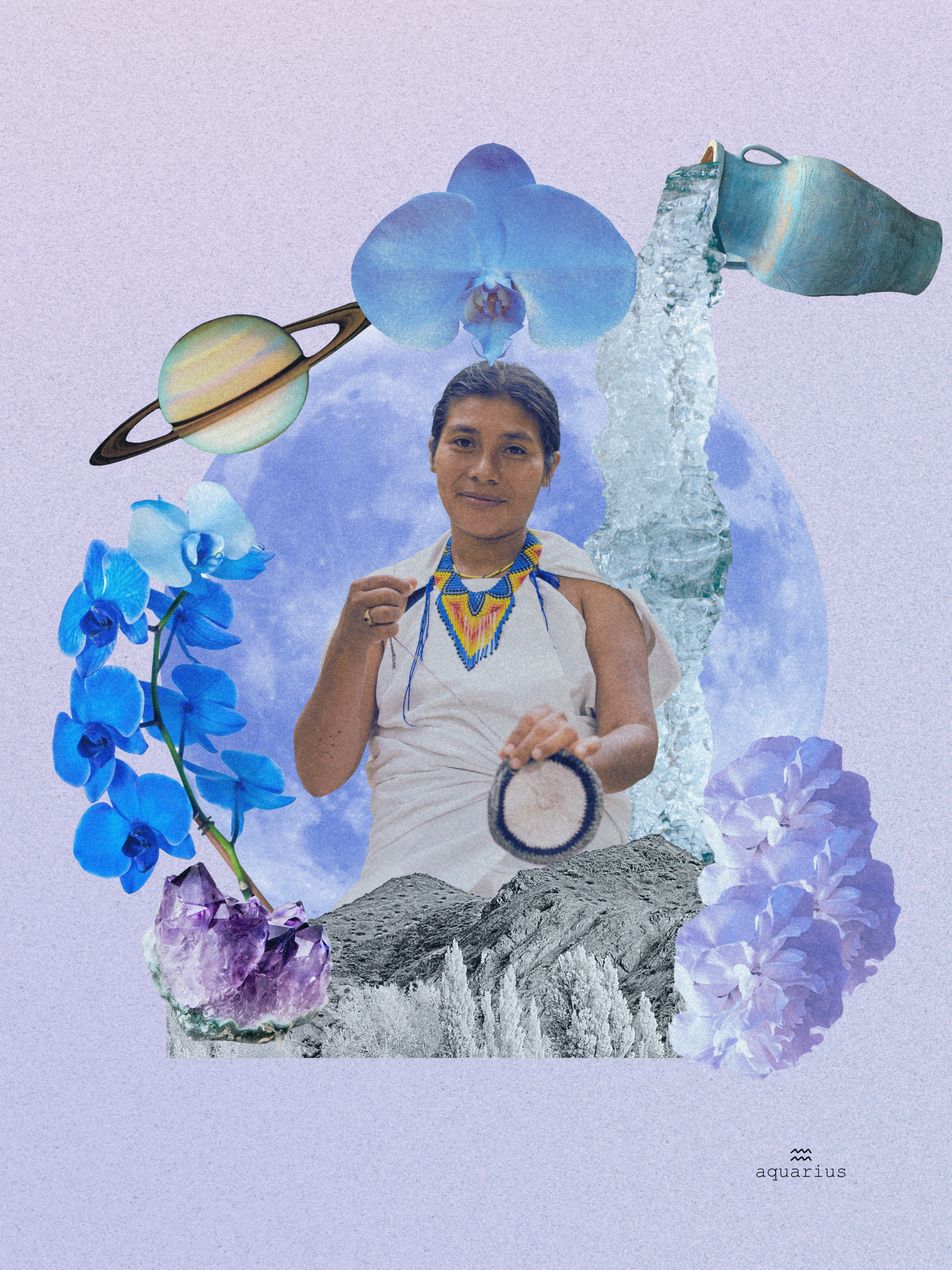 A woman in indigenous attire holding a circular object, surrounded by blue flowers, a planet with rings, a mountain landscape, a moon, and ice. A large blue moon is in the background with the word 'Aquarius' at the bottom.