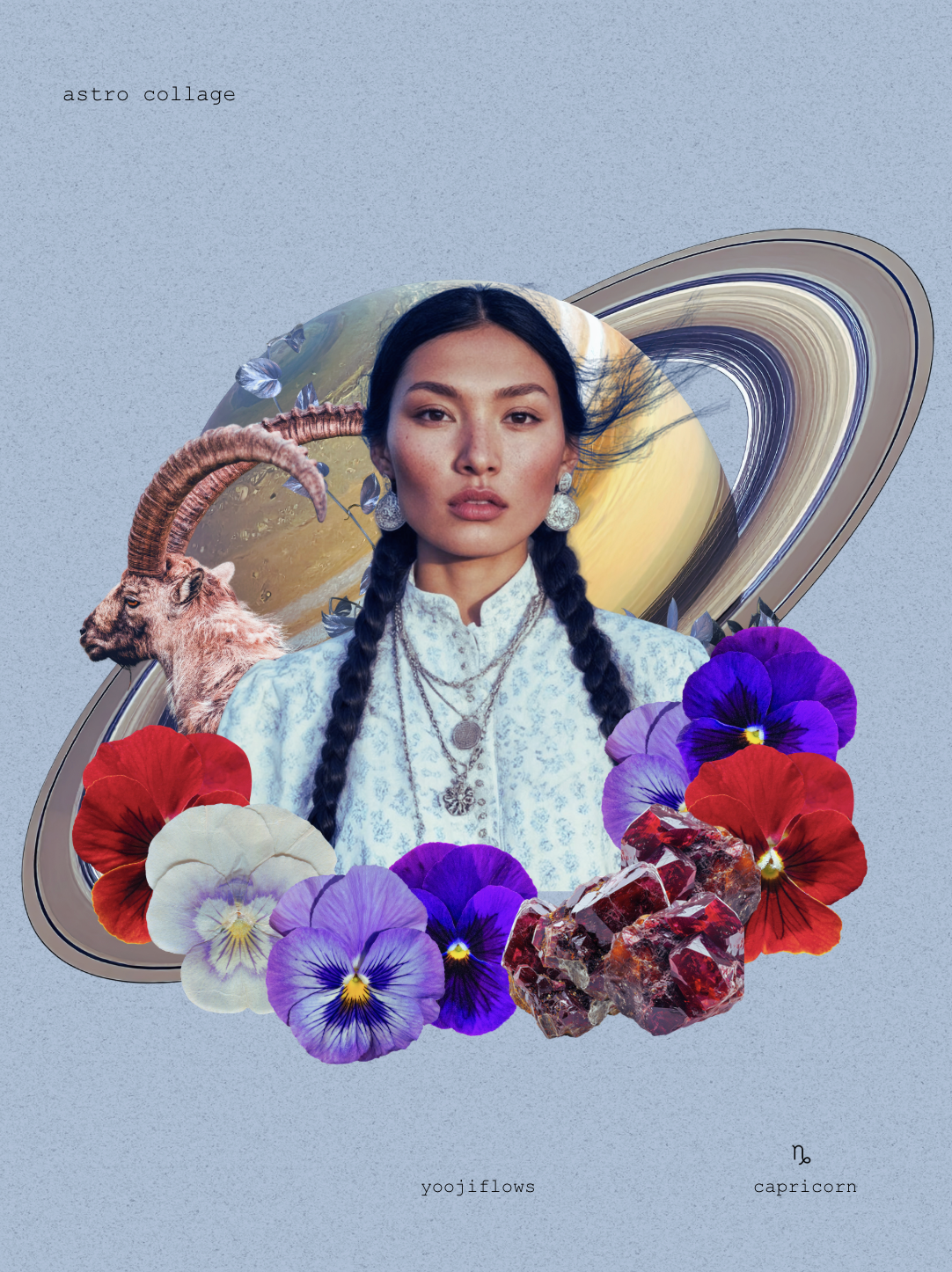 A collage featuring a woman with long black braids, wearing large earrings and a white patterned shirt, against a cosmic background with planet Saturn. The collage includes flowers, a mountain goat with curved horns, gemstones, and space imagery, with the labels 'astro collage,' 'yoojifflows,' and the zodiac sign 'Capricorn'.