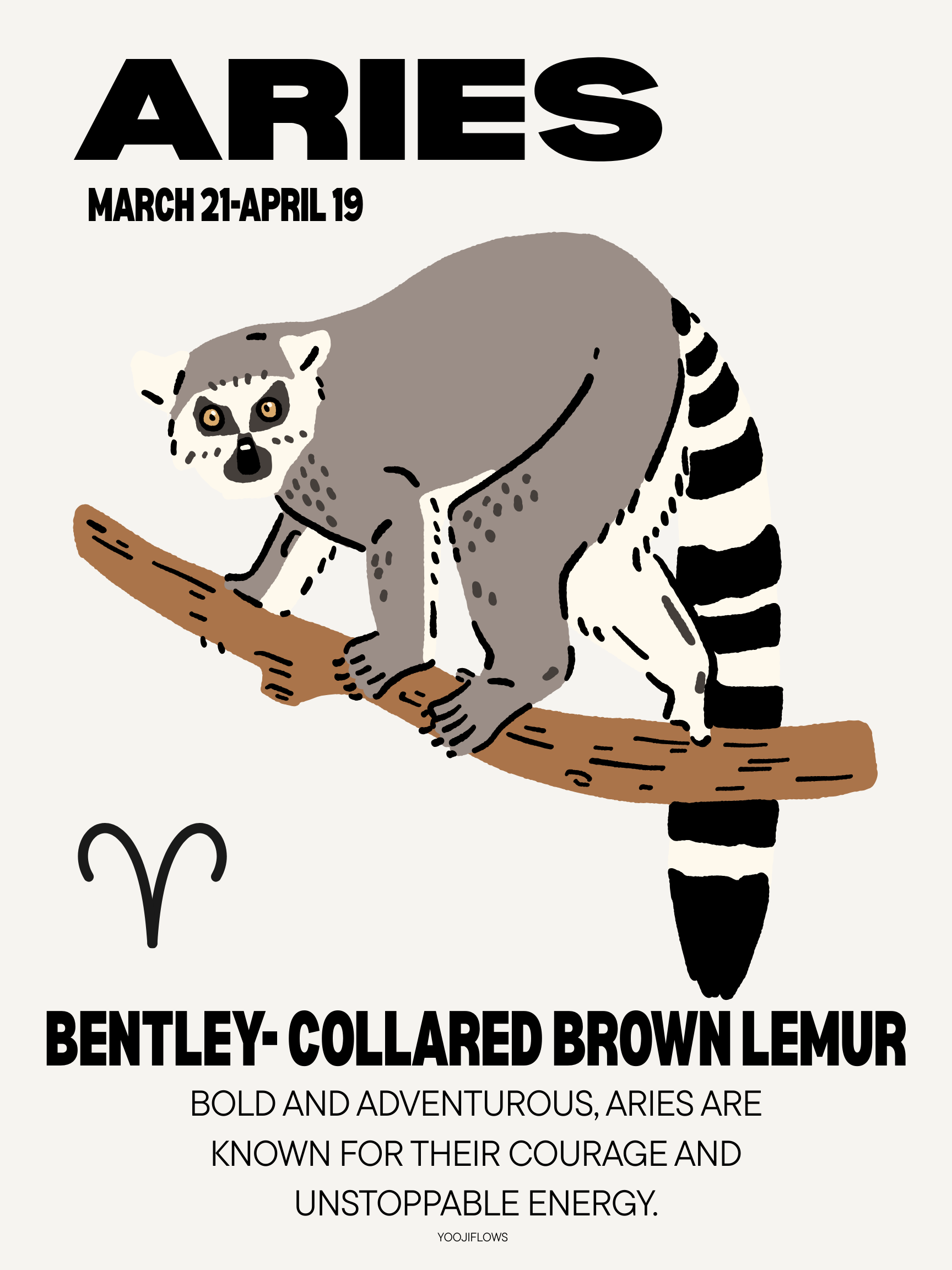 Illustration of a brown lemur with a striped tail, sitting on a branch, representing the zodiac sign Aries, with Aries' symbol and date range, and a brief description of Aries traits.