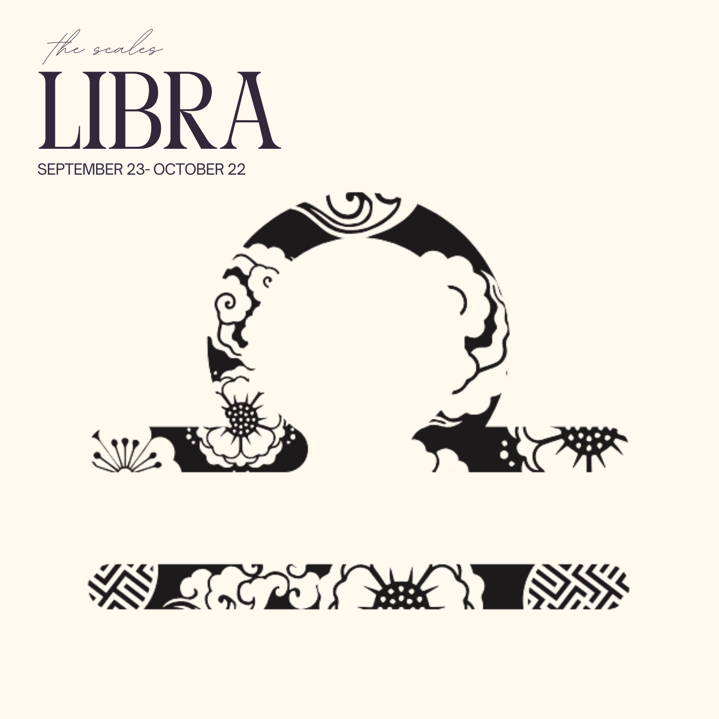 An illustration of the Libra zodiac sign with floral and cloud patterns, alongside text indicating the date range September 23 to October 22.