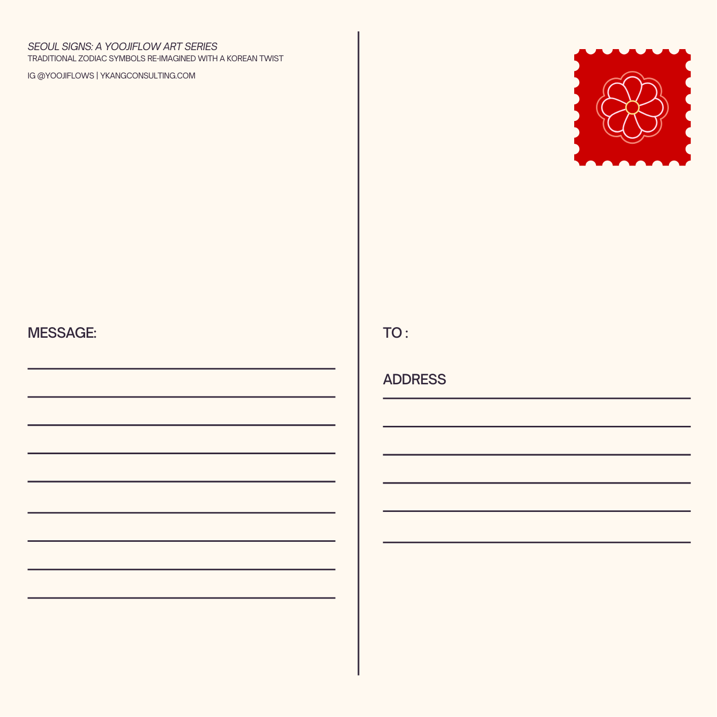 A Korean-themed postcard with a red stamp featuring a floral design, space for a message, and recipient's address, from a series reimagining traditional zodiac symbols with a Korean twist.