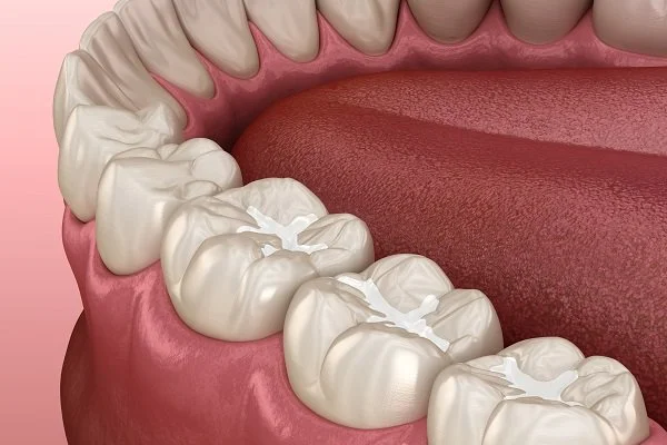 Illustration showing dental sealants applied to the chewing surfaces of molars