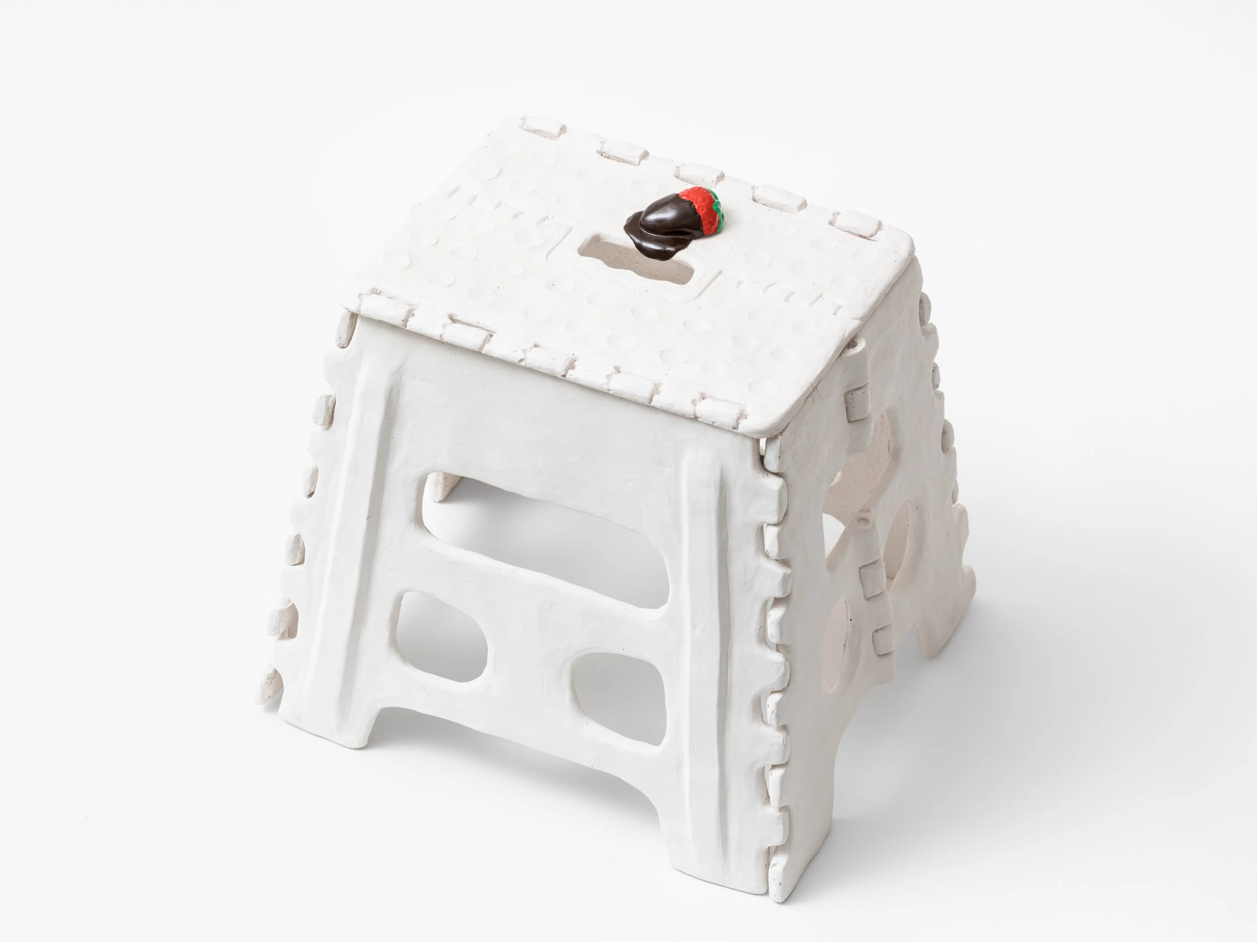 Stool with chocolate covered strawberry (Lora + Colin), 2026. Pigmented cement, sand, polychromed aluminum, epoxy putty