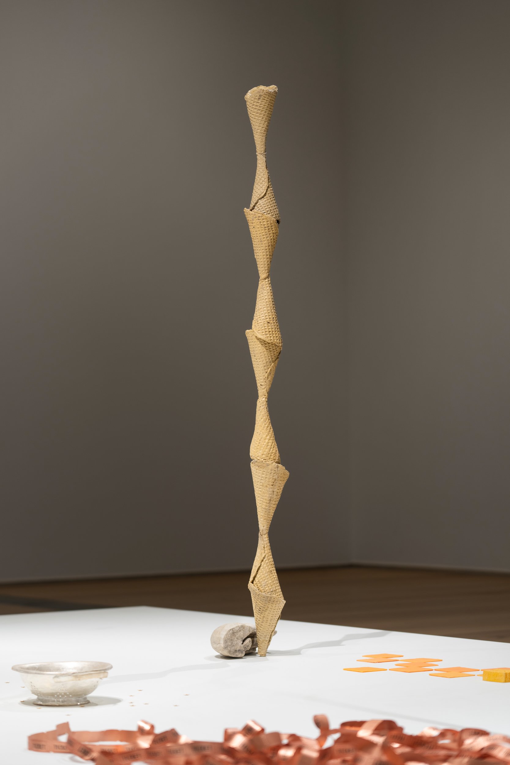 Waffle Cone Column, 2024, Saint Louis Art Museum. Pigmented cement, steel, North Texas ammonite fossil