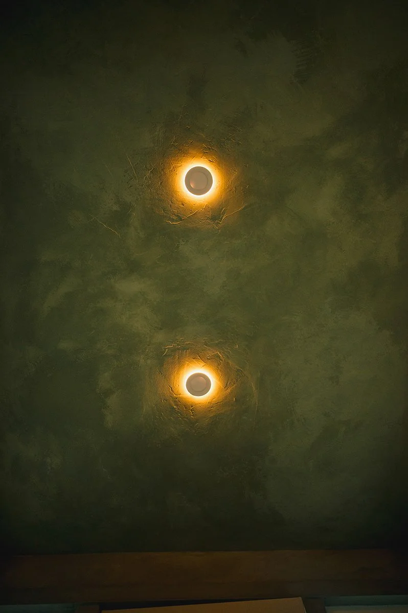 Limewashed garden shed ceiling with subtle texture and natural variation.