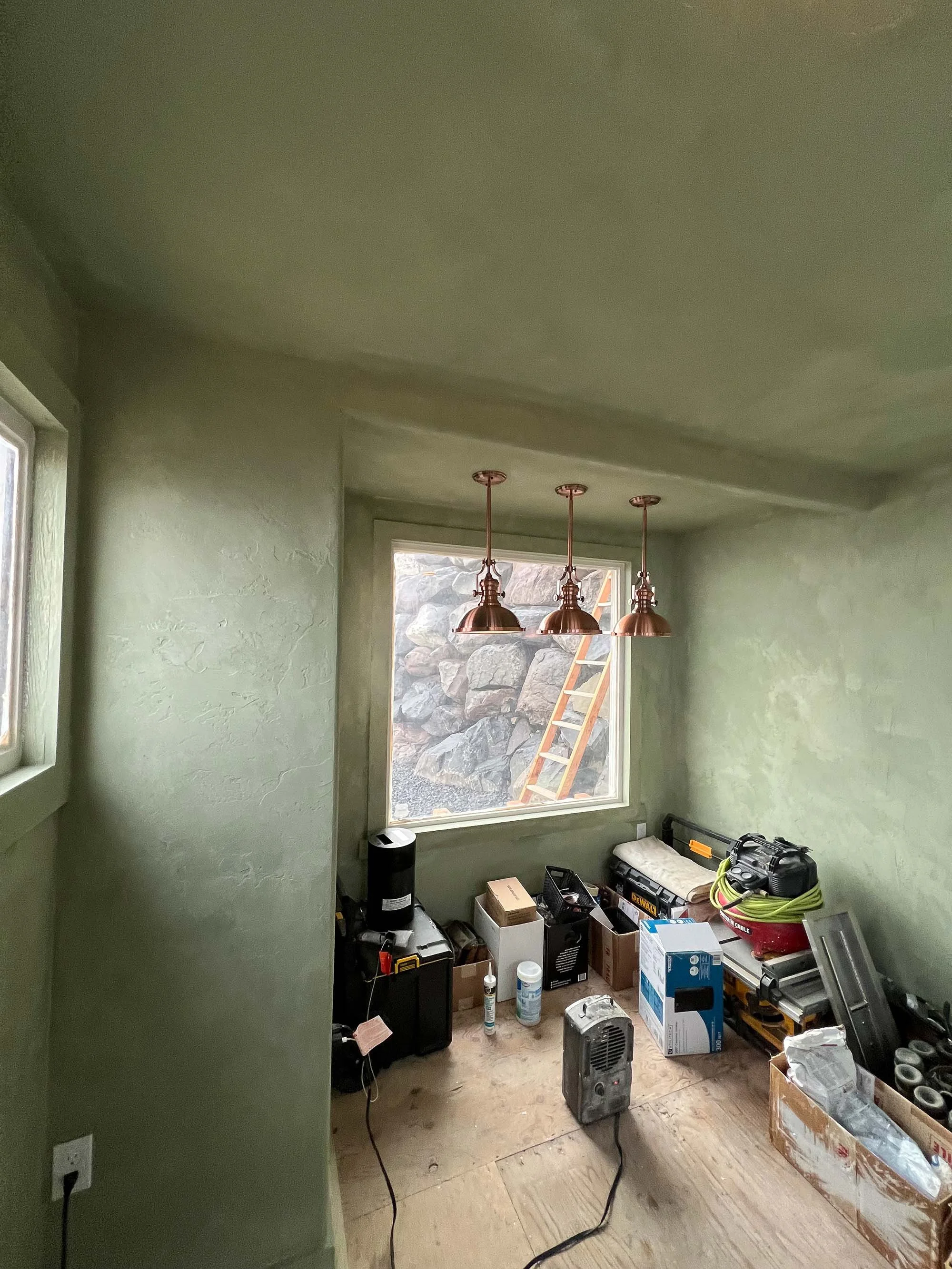 Before and after comparison of a garden shed interior transformed with artisan limewash.