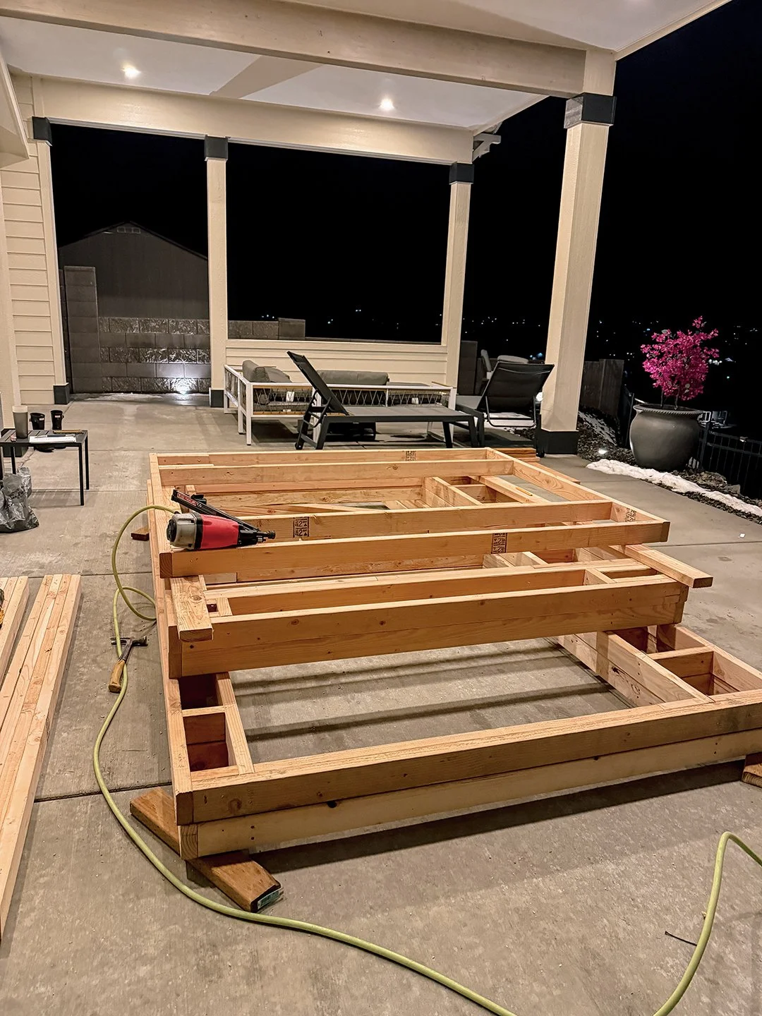 Reclaimed lumber and new lumber put together for farmhouse construction.