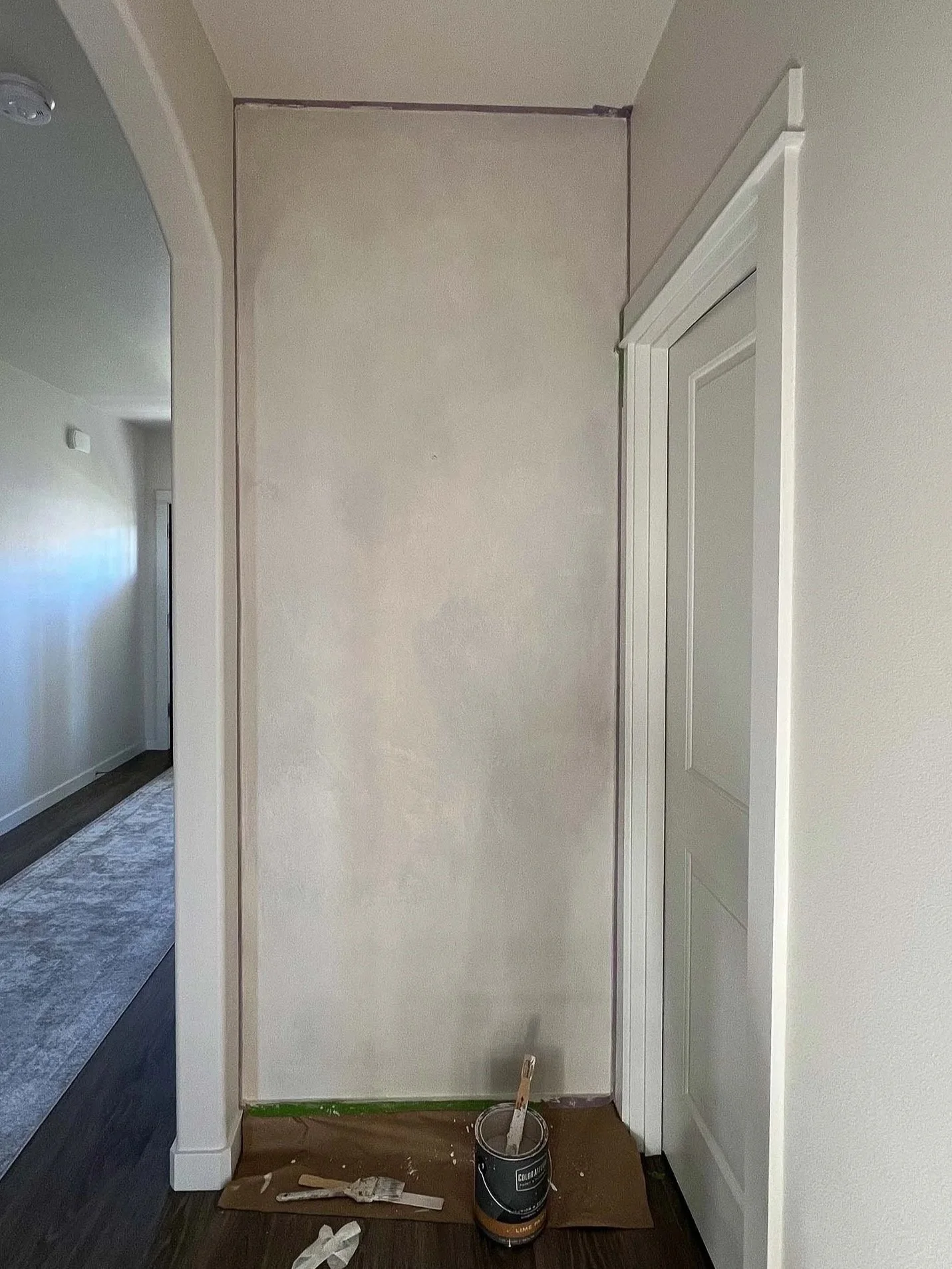 Hallway limewash wall with Wabi, Bone, and Chèvre tones layered for timeless, calming texture, applied by hand using Color Atelier lime paint in Prosser, WA