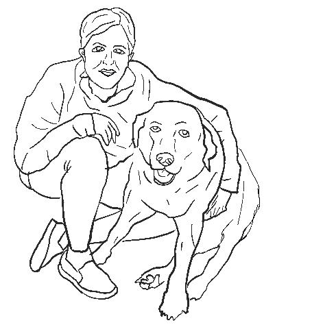 Outline sketch of a person kneeling next to a dog.