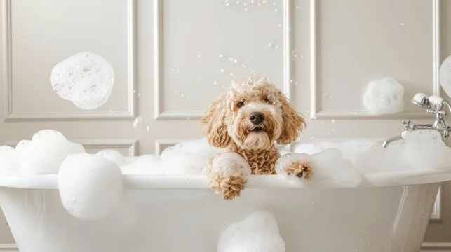 A dog sitting in a bubble-filled bathtub with a white tiled wall in the background.