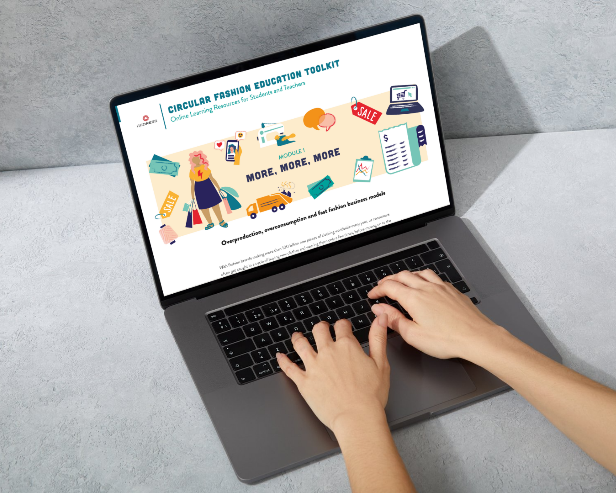 A person using a laptop on a gray surface displays an online learning resource titled "Circular Fashion Education Toolkit" with colorful illustrations related to fashion and business models.