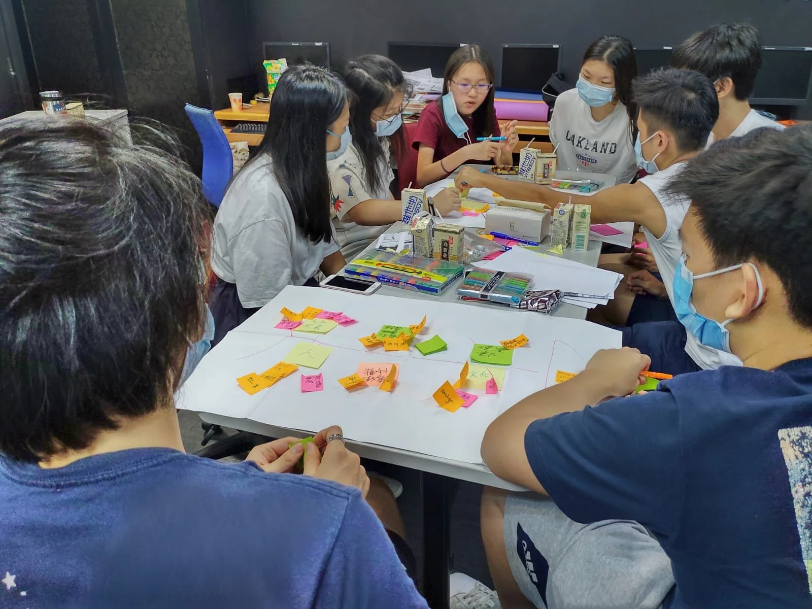 Group of young people wearing masks sitting around a table working on a collaborative project with colorful sticky notes and papers.