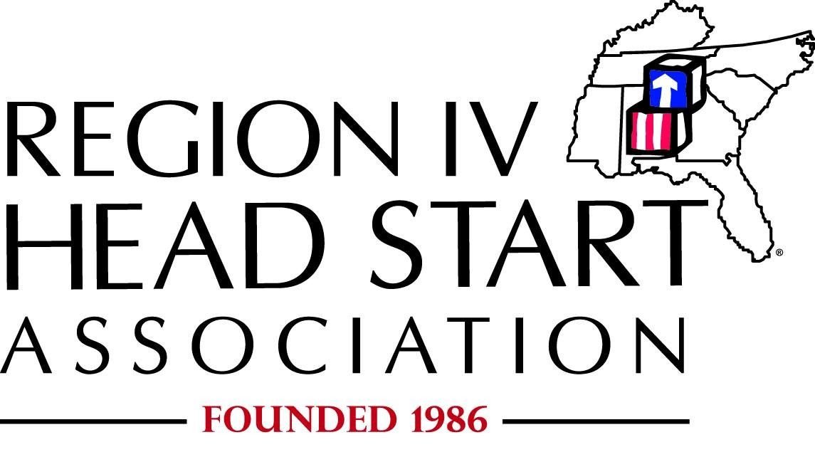 Logo for Region IV Head Start Association. The logo features a map of the southeastern United States with an icon of two blocks, one with an upward arrow and the other with red and white stripes. Text reads 'REGION IV HEAD START ASSOCIATION' and 'FOUNDED 1986'.