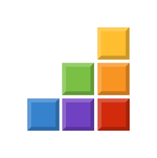 Arrangement of six colorful square blocks in a Tetris-like pattern, with blue, purple, green, yellow, orange, and red blocks.
