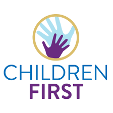 Logo with a circle containing a purple hand and a light blue hand overlapping, and the words 'CHILDREN FIRST' below.