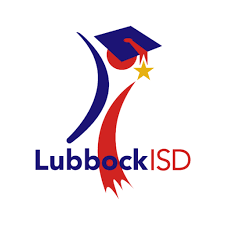 Lubbock Independent School District logo featuring a stylized figure with a graduation cap and star, in red, white, and blue colors.