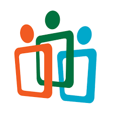 Abstract logo featuring three stylized human figures in orange, green, and blue, each inside a geometric frame.