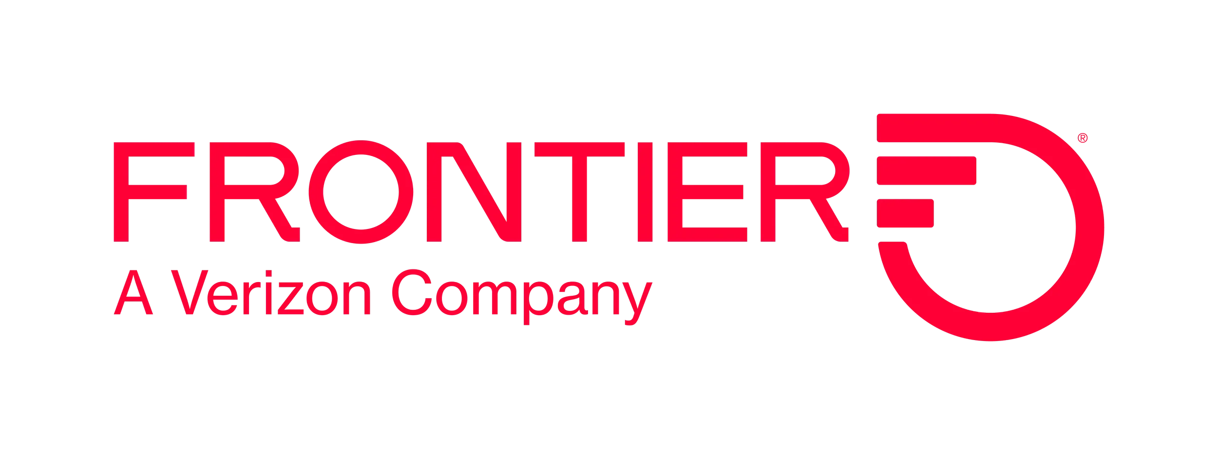 Frontier logo with red text and a stylized semi-circle design, along with the words 'A Verizon Company' underneath.