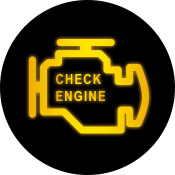 Illuminated yellow check engine light on a car dashboard.