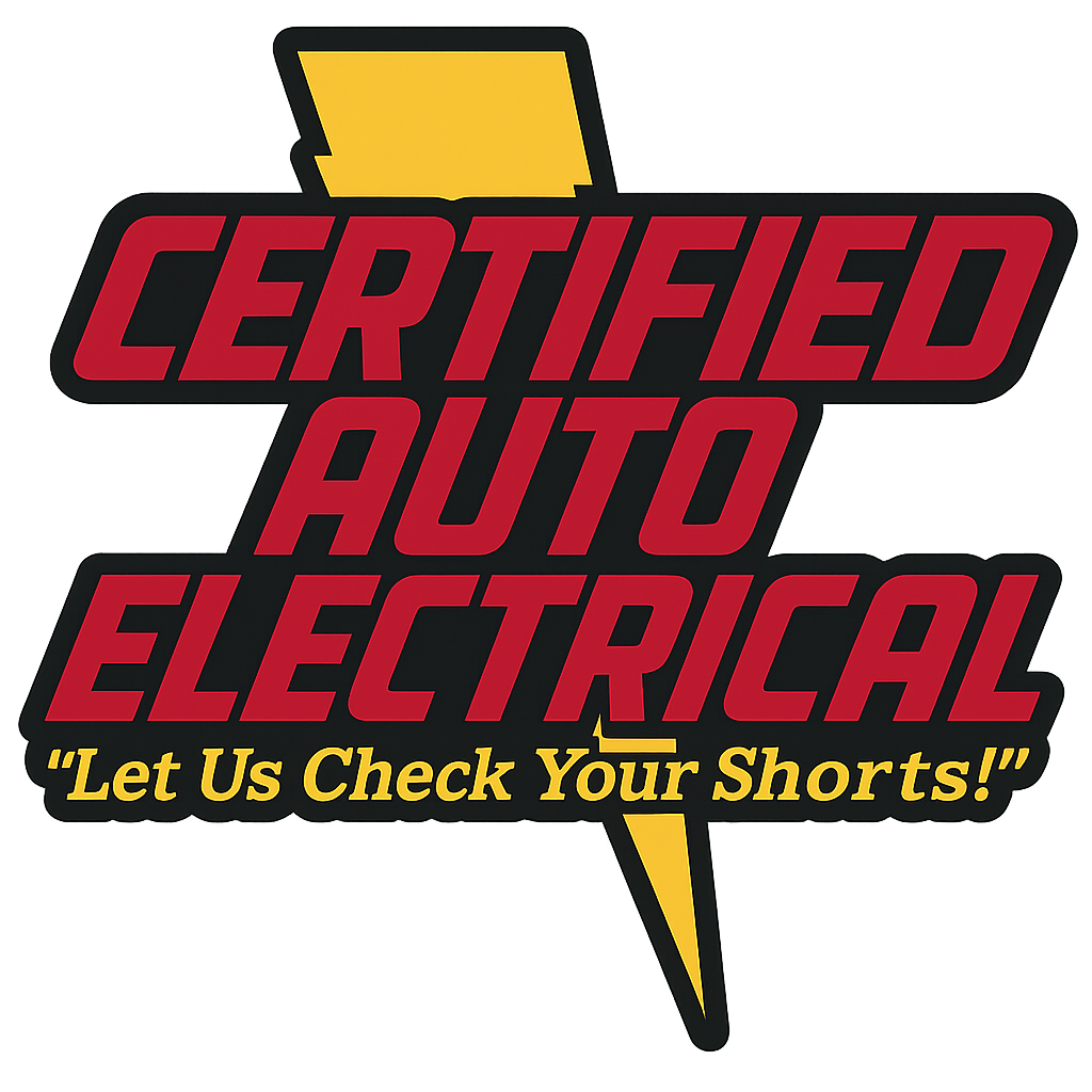 A logo for a certified auto electrical service featuring red text on a black background with a yellow lightning bolt, and a slogan saying "Let Us Check Your Shorts!"