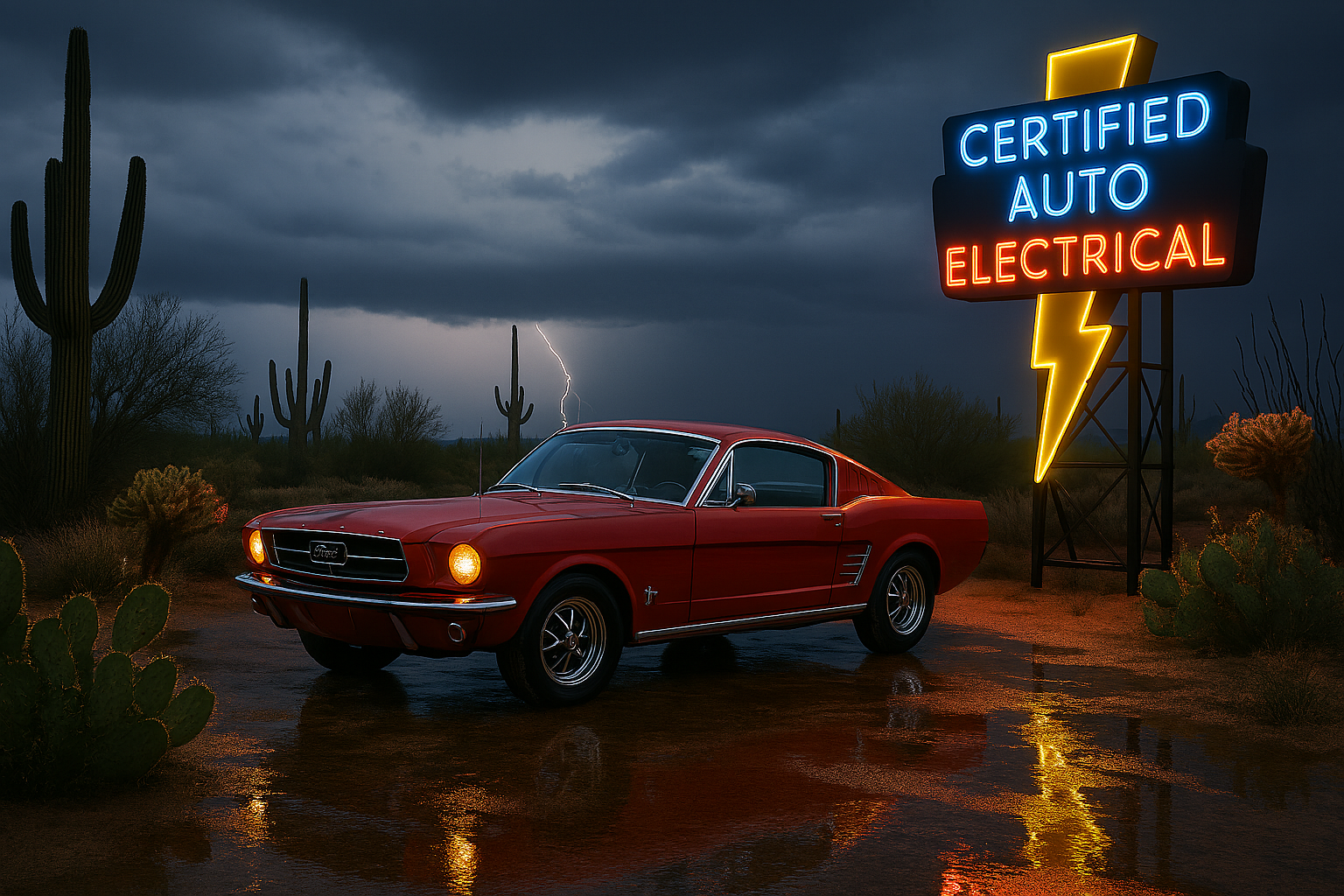 A vintage red Ford Mustang car parked on wet desert ground during a thunderstorm with lightning, surrounded by cacti, and a neon sign that reads 'Certified Auto Electrical' with a lightning bolt symbol.