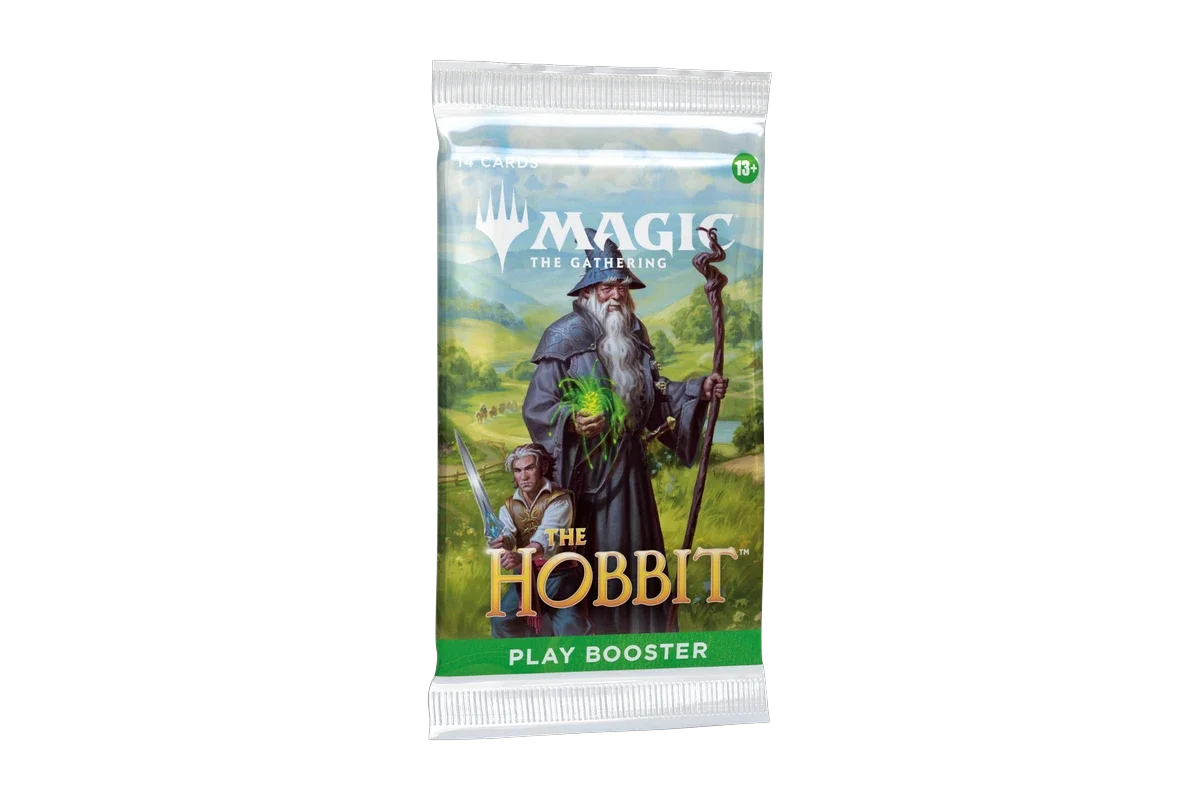 Magic: The Gathering The Hobbit Play Booster pack shown sealed from the front, displaying a wizard and hobbit character