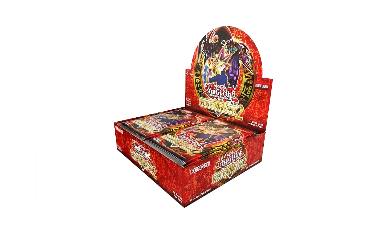 Yu-Gi-Oh! Retro Pack 2 booster box featuring classic Yugi and retro card artwork - open display - front right view