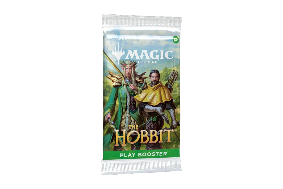 Magic: The Gathering The Hobbit Play Booster sealed pack shown from the front angle, featuring fantasy characters against a