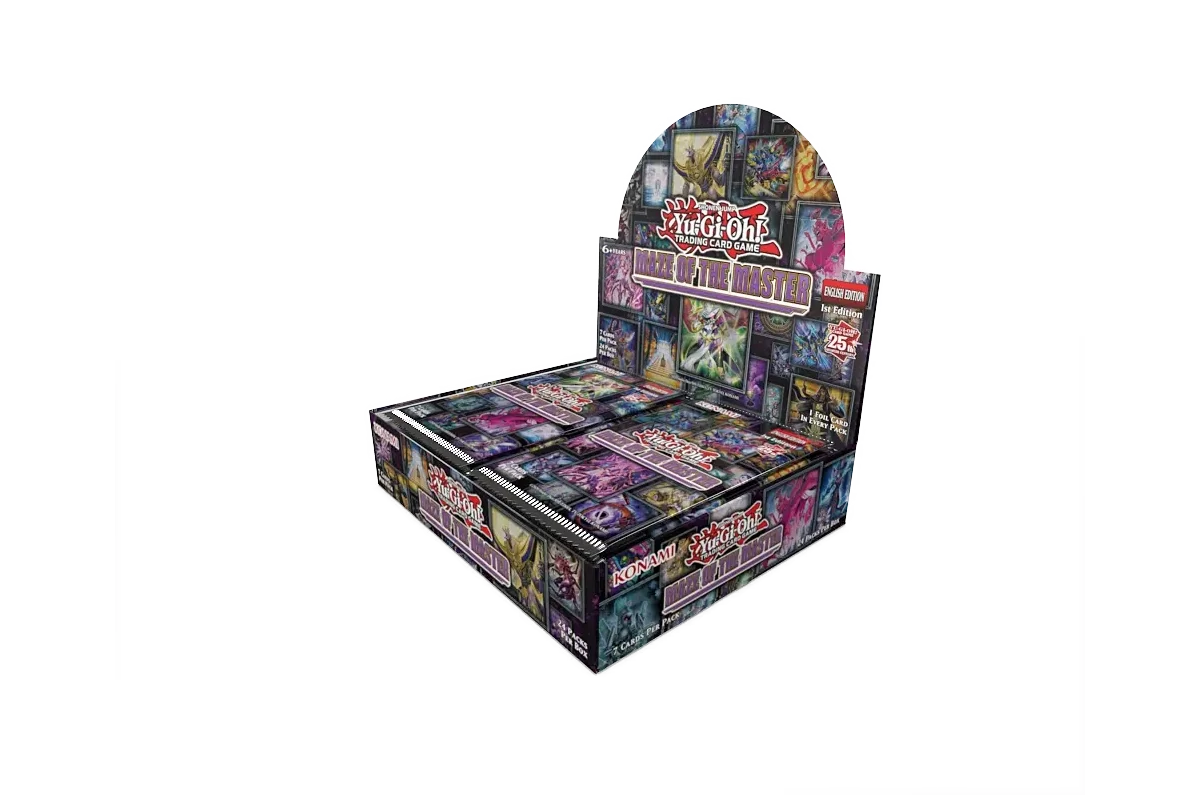 Yu-Gi-Oh! Maze of the Master booster box featuring Egyptian Trap Monsters and anime legacy cards - open display - front right view