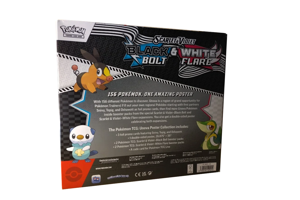 Pokémon Black Bolt & White Flare Poster Collection back showing contents and Unova starters