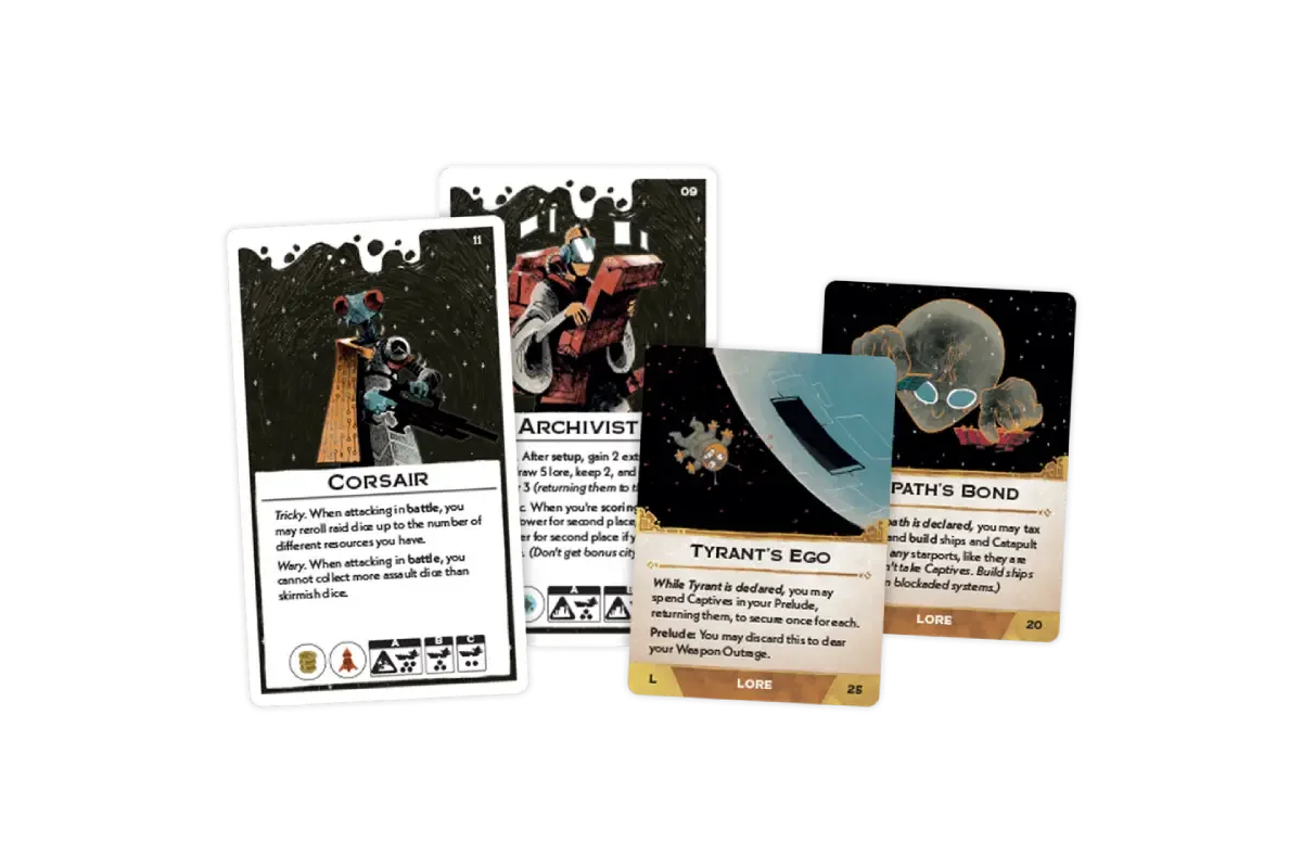 Arcs Leaders and Lore Pack cards showing Corsair and Archivist leader cards plus Tyrant's Ego and Path's Bond lore cards