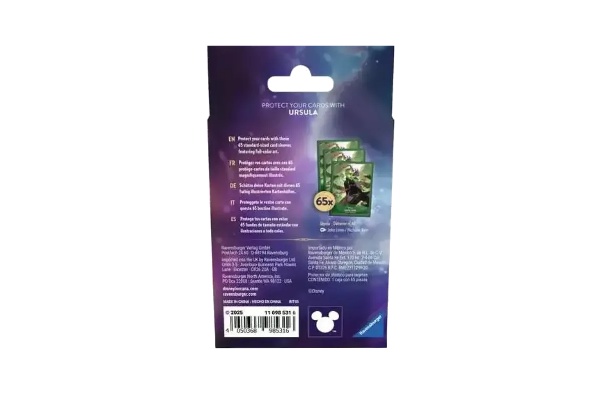 Disney Lorcana Ursula card sleeves packaging back showing 65 matte-finish sleeves and product specifications