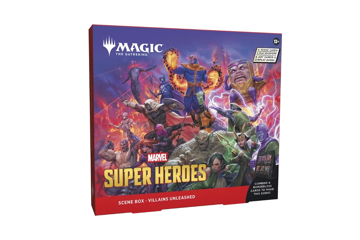 Magic: The Gathering Marvel Super Heroes Scene Box Villains Unleashed left angle showing villains assembled