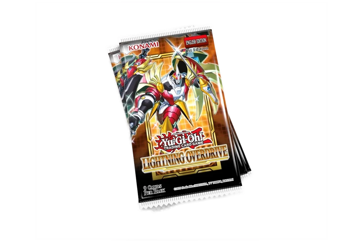 Yu-Gi-Oh! Lightning Overdrive booster pack stack featuring Number 39: Utopia Ray and Rose Dragon monsters