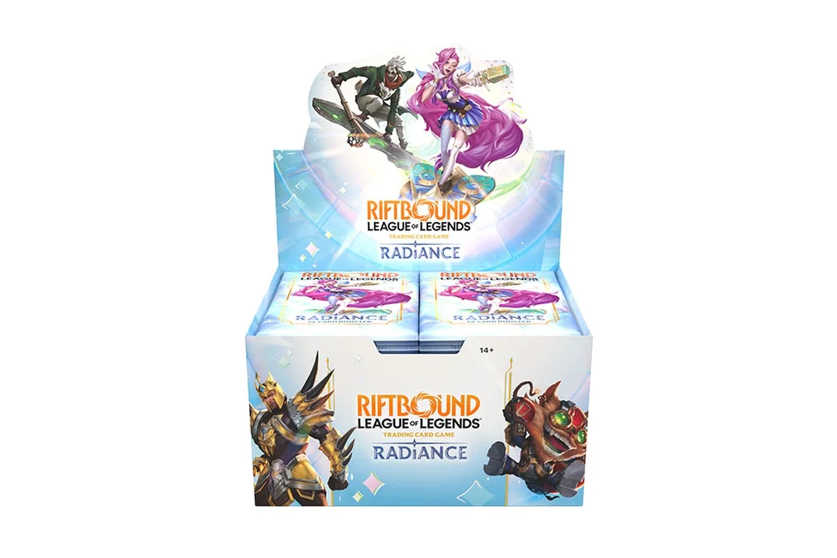 Sealed League of Legends: Radiance trading card booster boxes and packs displayed at front angle, show