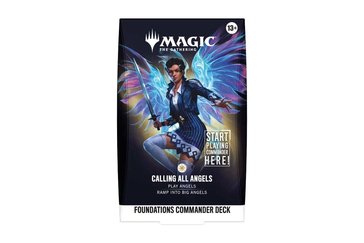 Magic: The Gathering "Calling All Angels" Foundations Commander Deck shown from the front view in sealed box