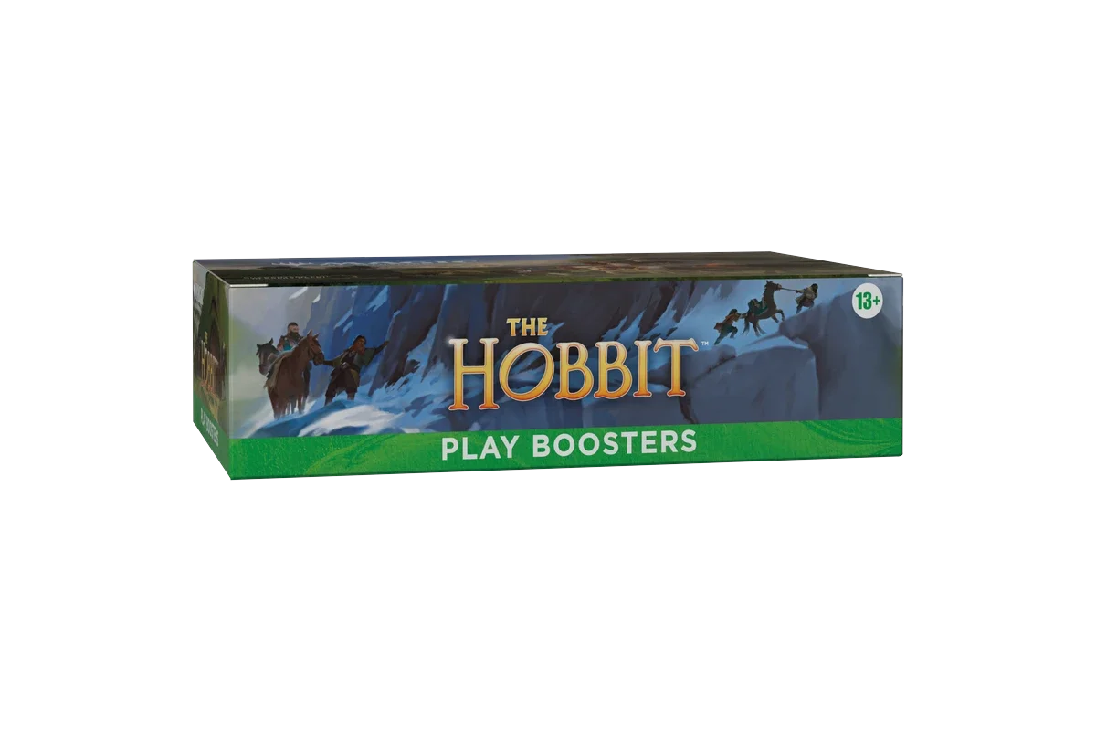 The Hobbit Play Boosters trading card box is shown at a three-quarter front angle in sealed condition,