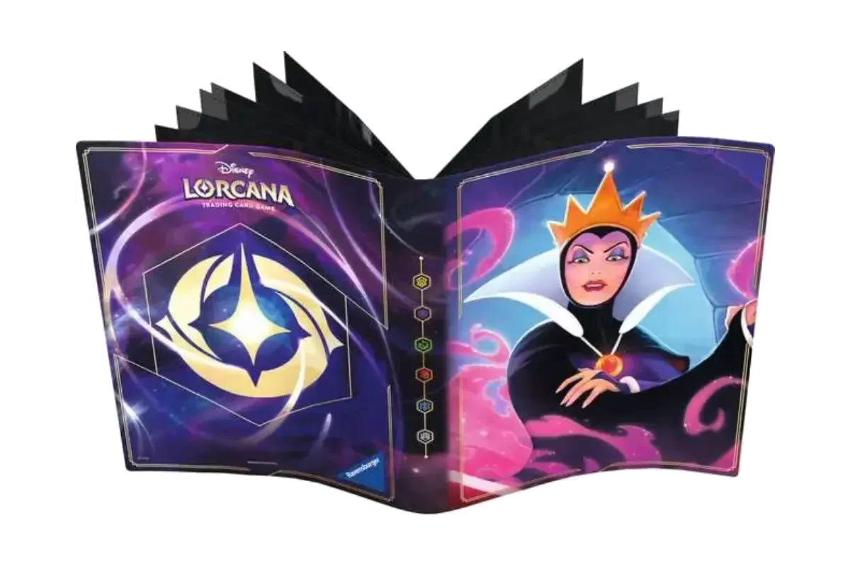 Disney Lorcana Evil Queen portfolio open displaying Lorcana logo and card storage pages