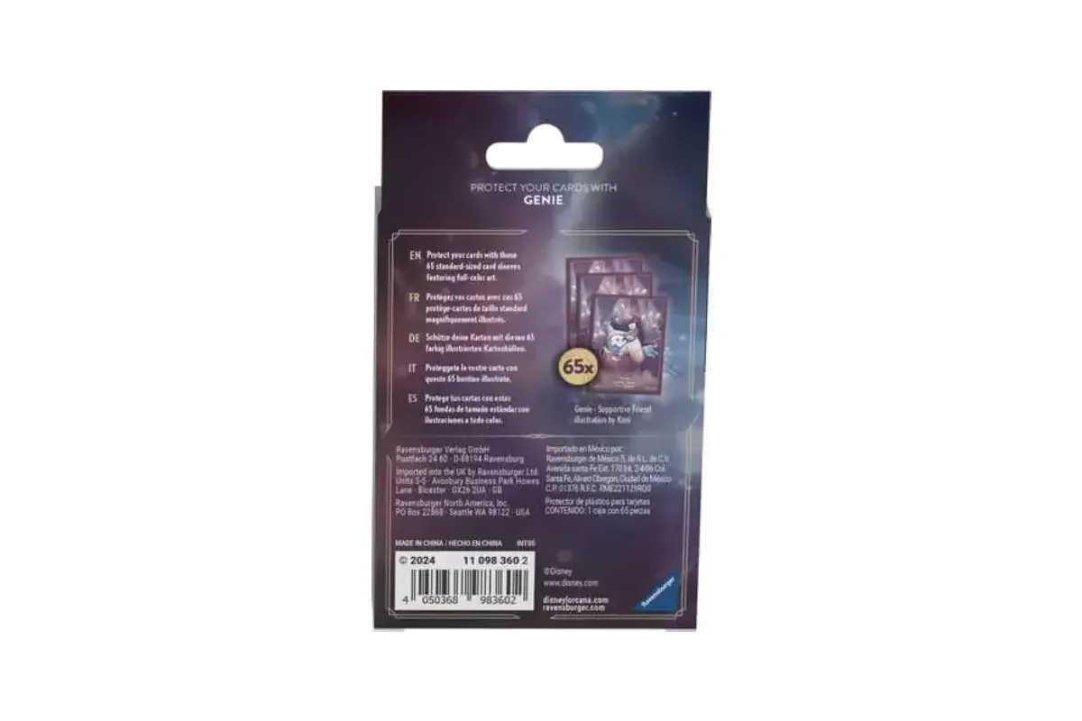 Disney Lorcana Genie card sleeves packaging back showing 65 matte-finish sleeves and product specifications