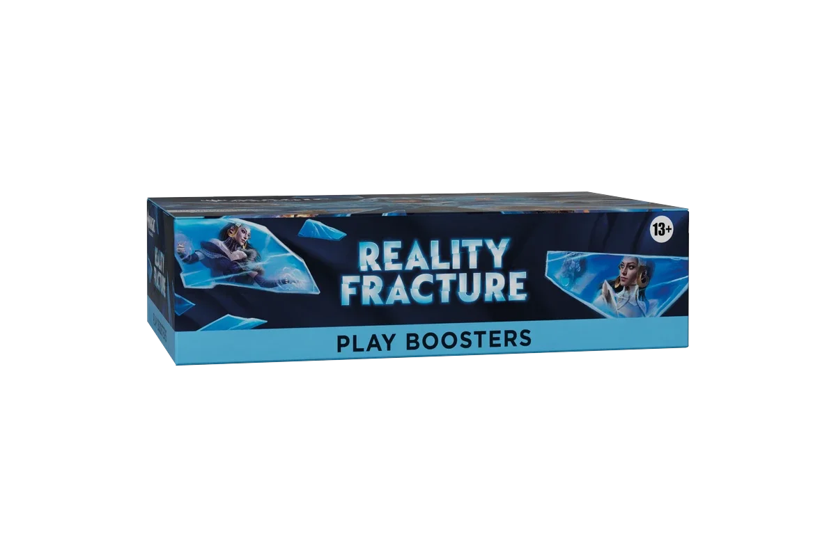Reality Fracture Play Boosters trading card box shown from a front-angled view with sealed packaging, featuring blue and dark