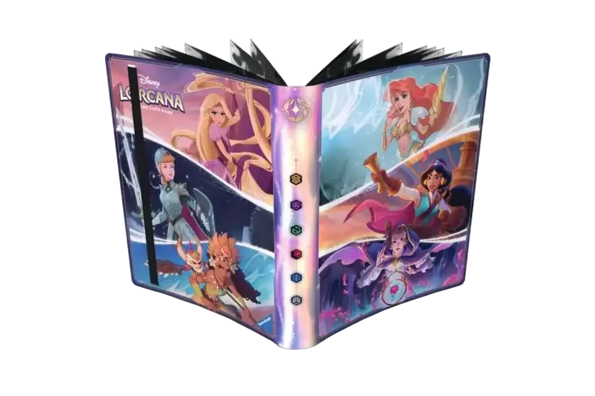 Disney Lorcana Princess Portfolio open displaying Rapunzel, Ariel, Jasmine, Belle, and other princesses